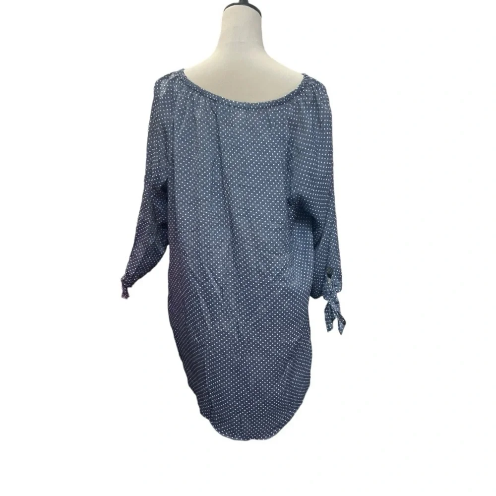 Plus Size Polka Dot Tunic Top 1X Blue White Peasant Blouse Boho - Picture 4 of 6